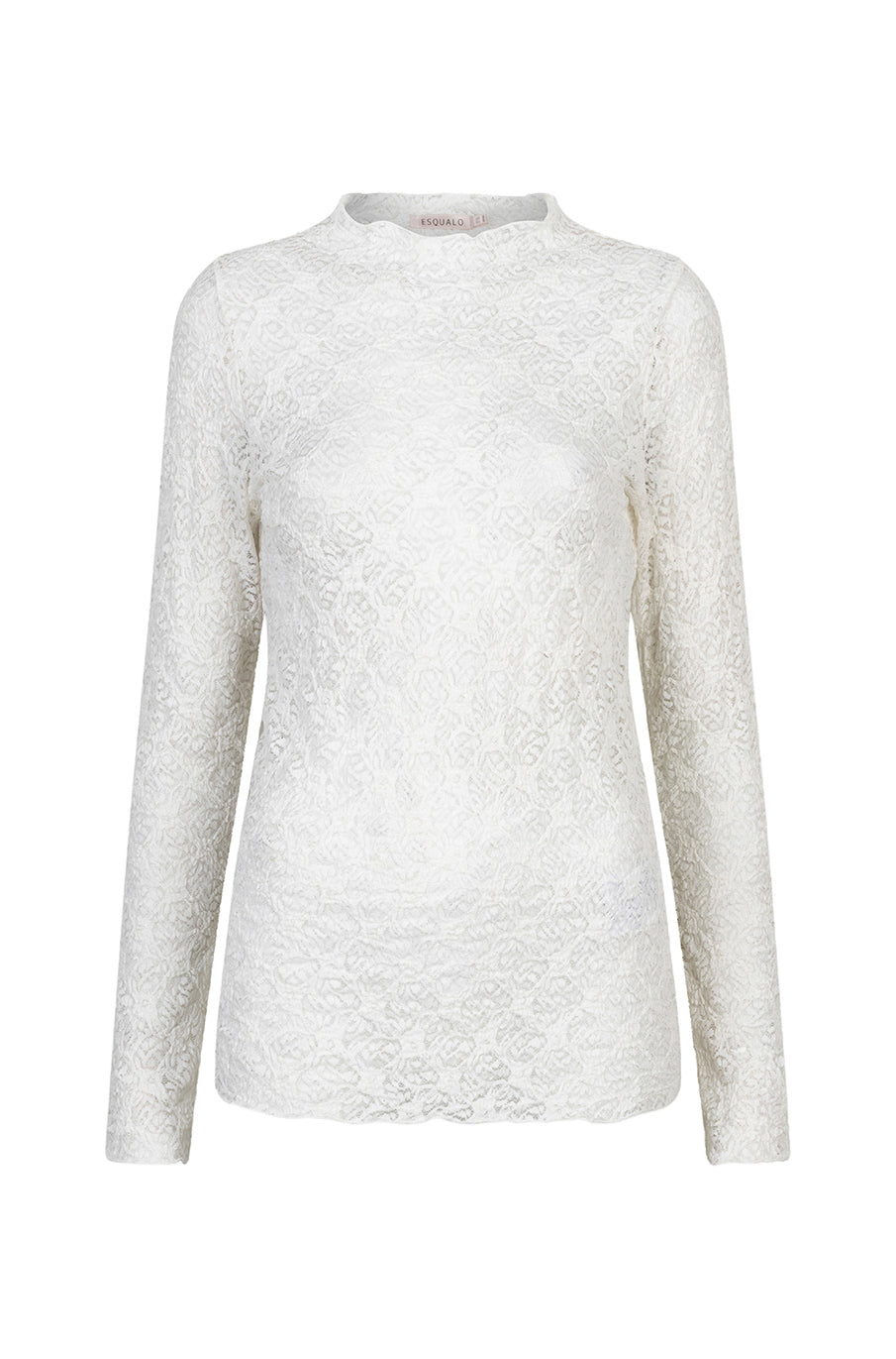 Esqualo women's white long sleeve floral lace blouse with a scalloped mock neck and hem shown from the front