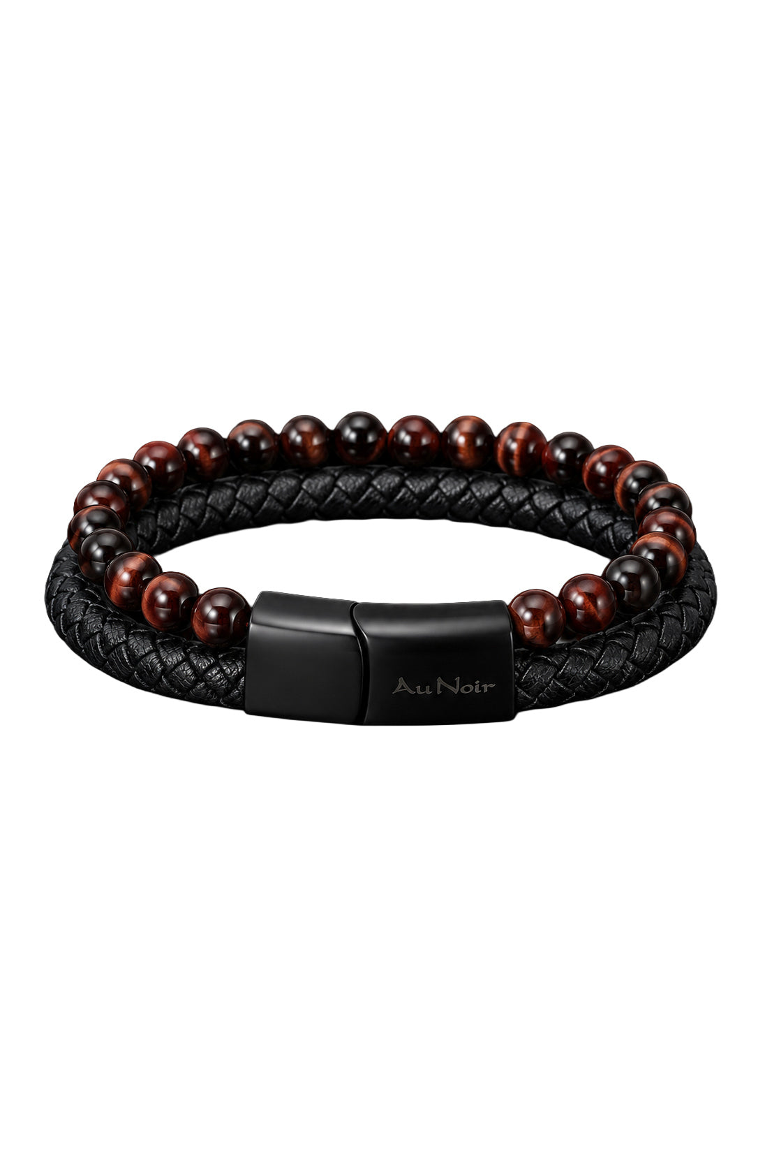 Bracelet noir tressé et rang de perles brun rougeâtre pour homme par Au Noir, vue produit
