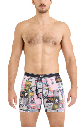 Men's multicolor boxer winter underwear with black SAXX waistband and contoured pouch shown from the front