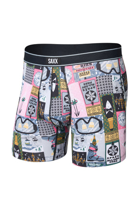 Men's front isolated view of multicolor graphic boxer winter underwear with black SAXX waistband and pouch seams