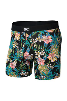 Sous-vêtement noir à imprimé tropical avec ceinture logo SAXX pour homme, vue avant isolée