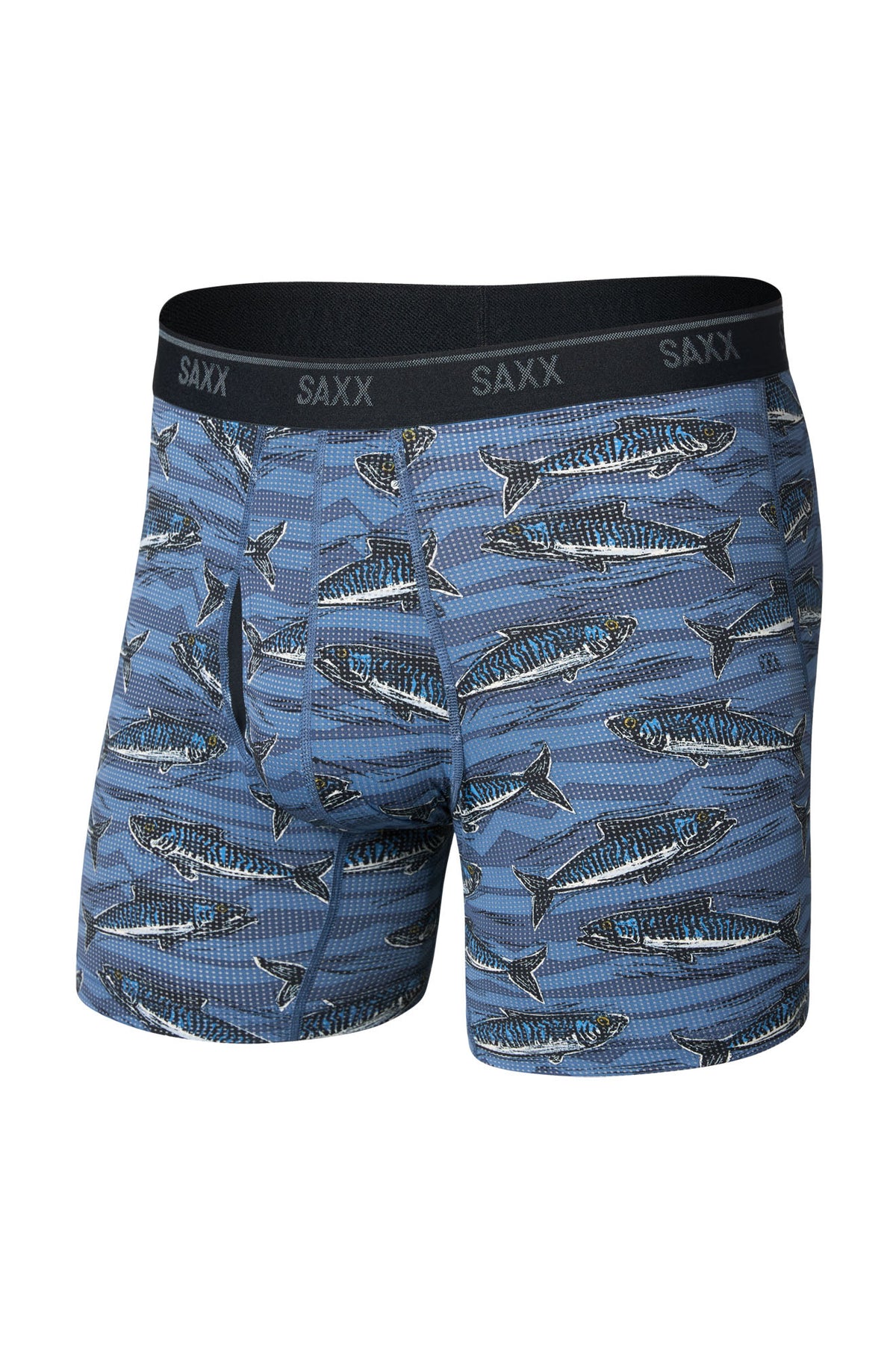 Sous-vêtement bleu à imprimé de poissons, ceinture noire SAXX et poche profilée pour homme, vue avant isolée
