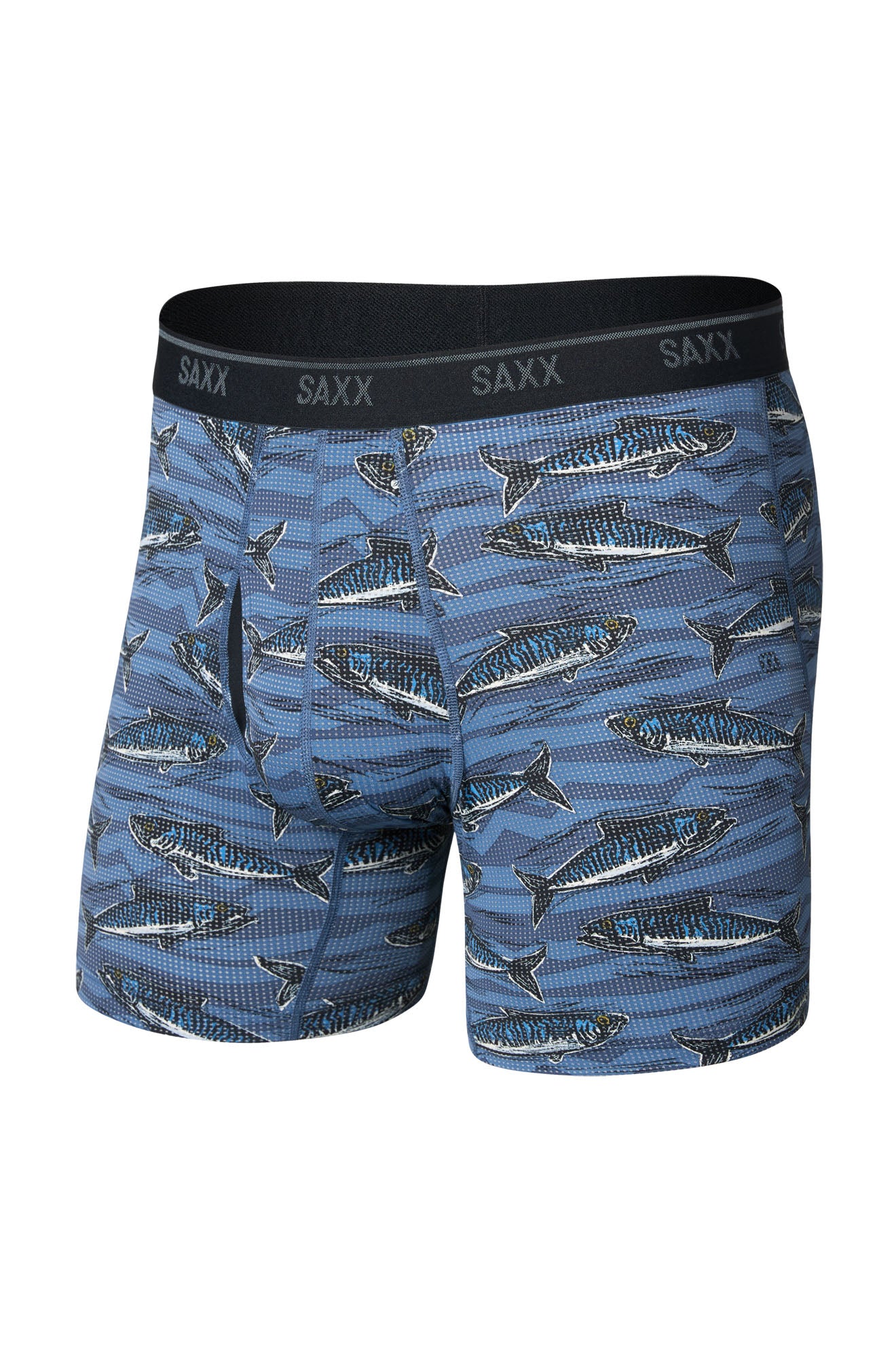 Sous-vêtement bleu à imprimé de poissons, ceinture noire SAXX et poche profilée pour homme, vue avant isolée