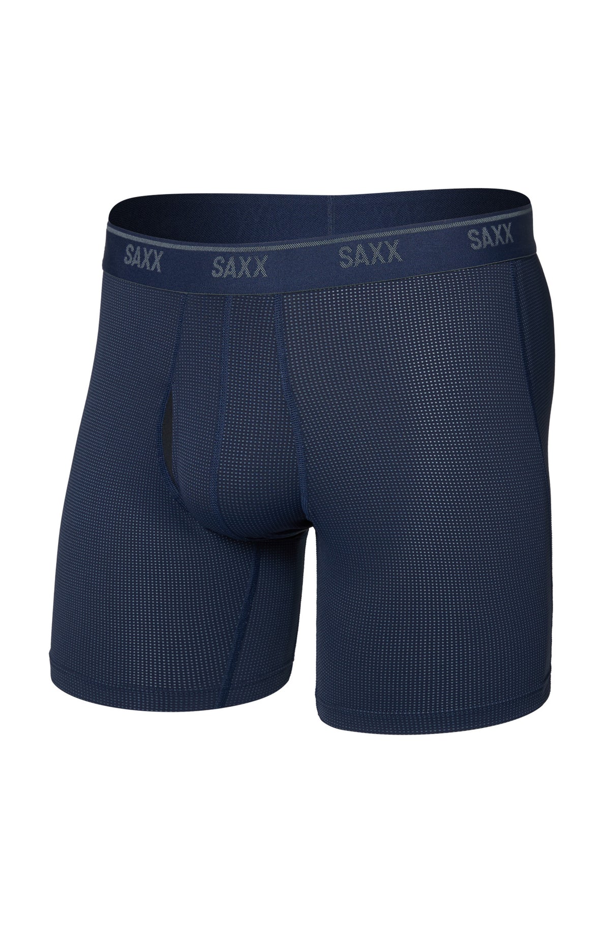 Sous-vêtement boxer long bleu marine à micro-motif, ceinture élastique avec logos SAXX pour homme, vue avant