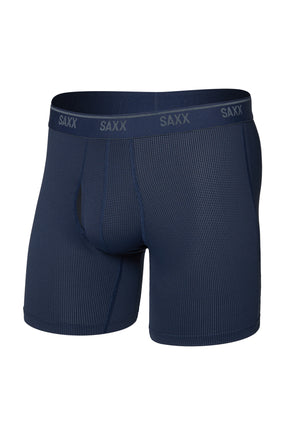 Men's navy boxer briefs with micro-dot texture and SAXX logo waistband, front product view