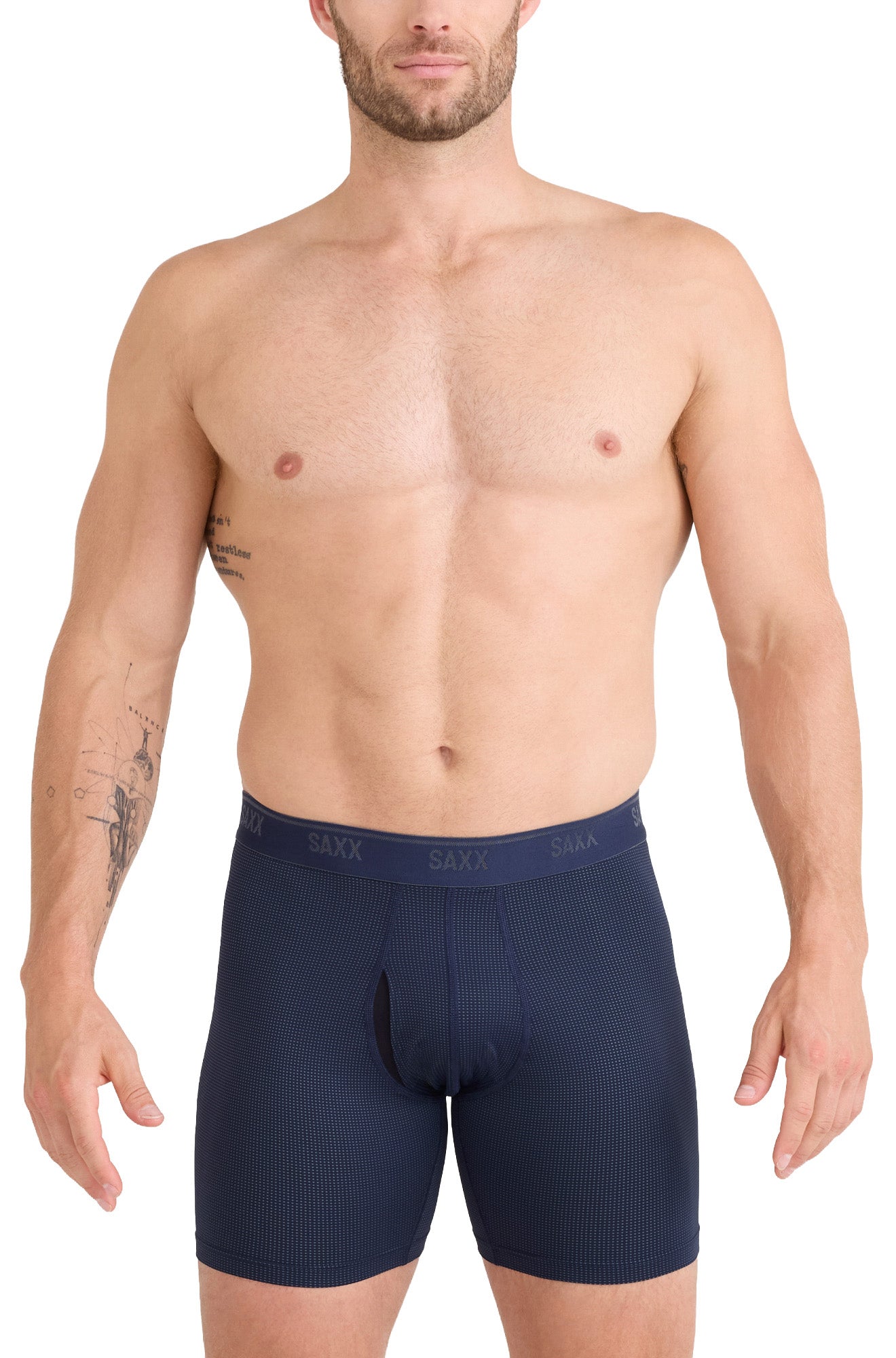 Men's navy boxer briefs with contoured pouch and SAXX logo waistband shown from the front