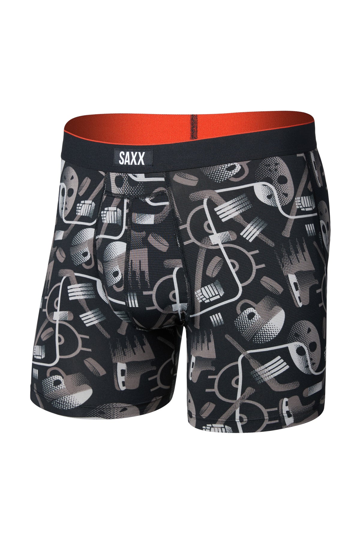 Sous-vêtement noir imprimé avec taille SAXX et intérieur rouge orangé pour homme, vue avant isolée