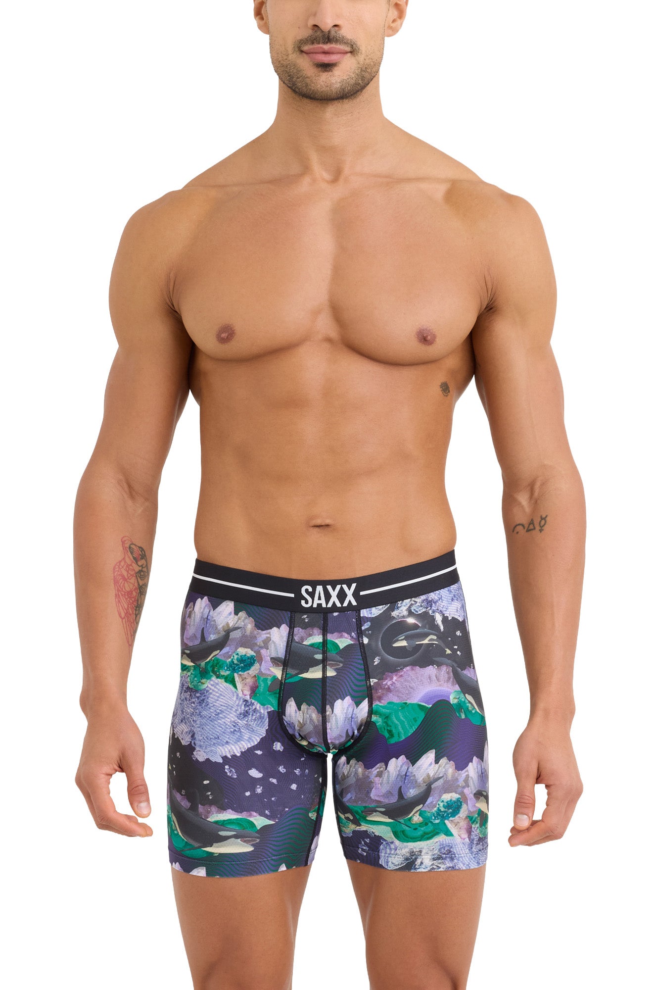 Men's black printed boxer briefs with SAXX waistband and contoured pouch, front model view