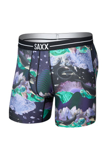 Sous-vêtement ajusté noir imprimé, vue isolée de face avec taille SAXX et motif orques pour homme