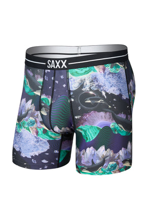 Men's black printed boxer briefs, isolated front view with SAXX waistband and orca crystal graphic