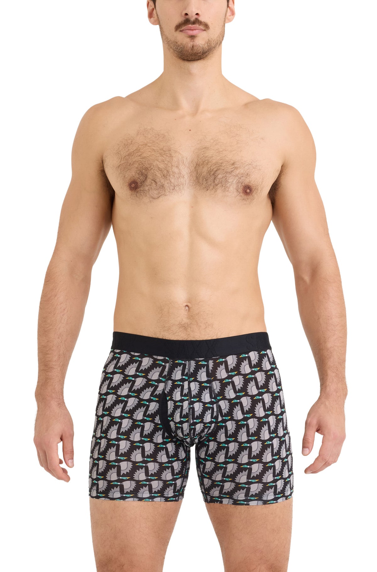 Sous-vêtement noir et gris à oiseaux avec taille élastique noire pour homme par Saxx, vue de face sur mannequin