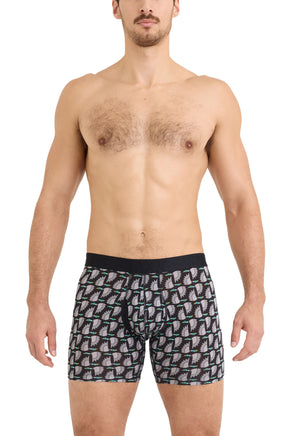 Sous-vêtement noir et gris à oiseaux avec taille élastique noire pour homme par Saxx, vue de face sur mannequin