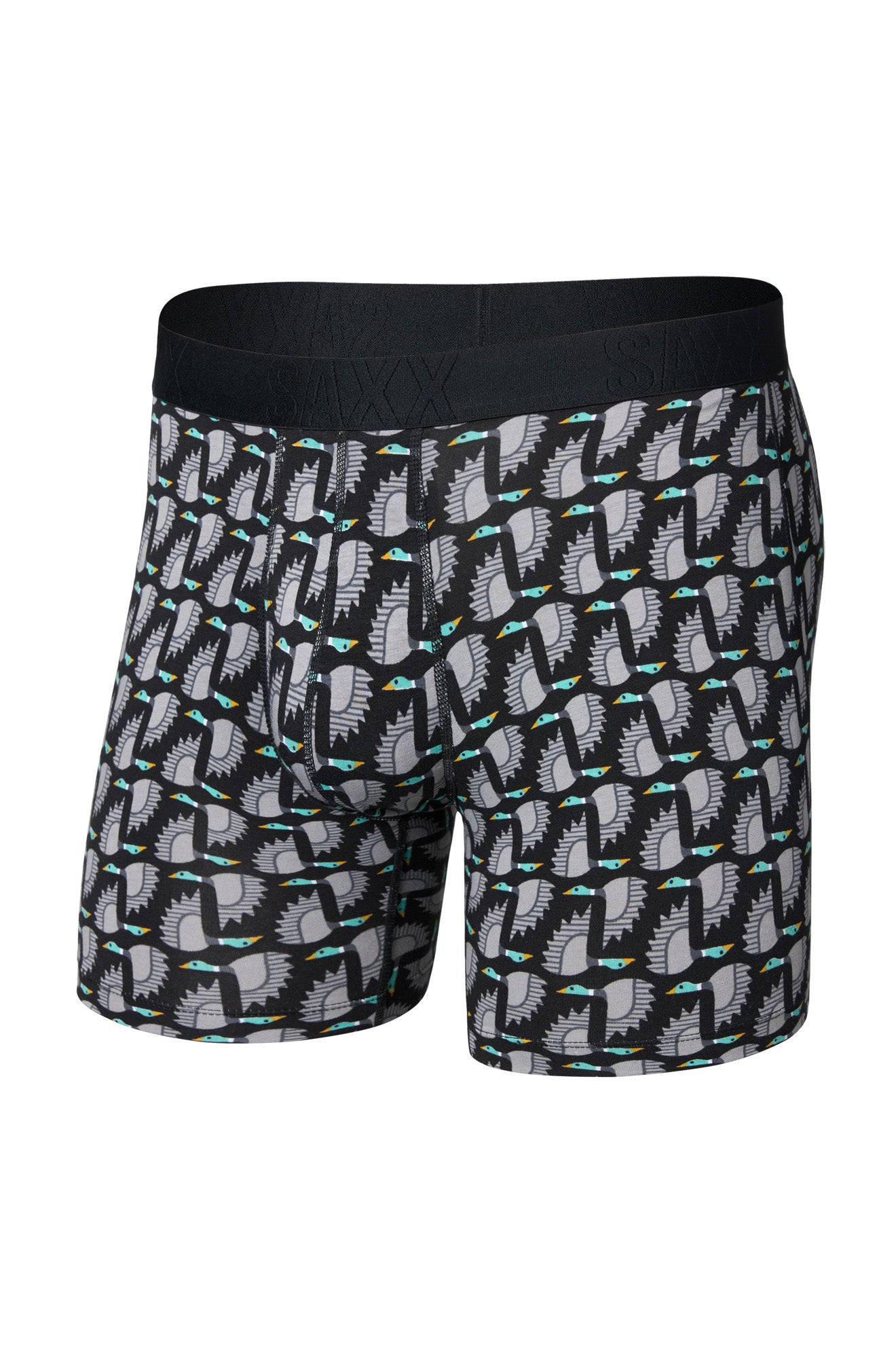 Sous-vêtement noir et gris à imprimé d’oiseaux avec taille noire SAXX pour homme, vue de face