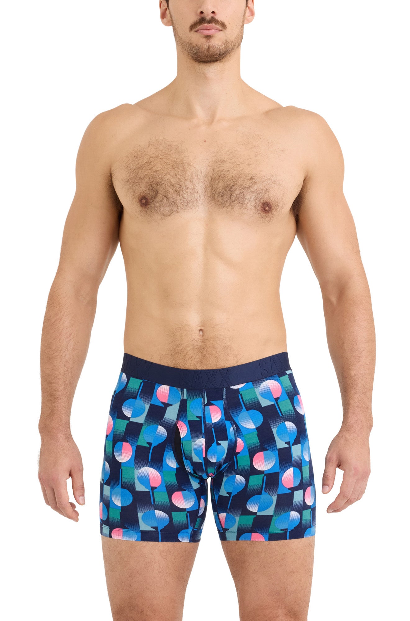 Sous-vêtement marine imprimé avec large bande SAXX ton sur ton pour homme, vue avant sur mannequin