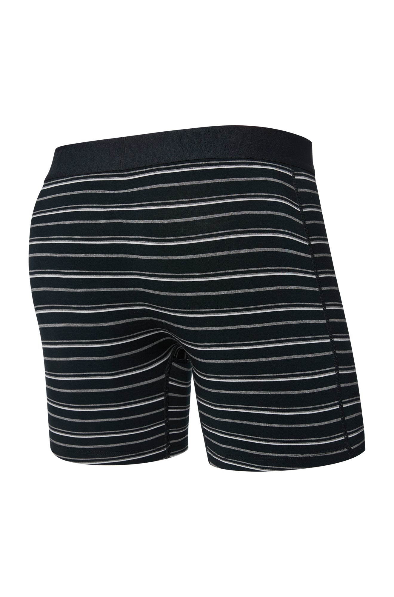 Sous-vêtement ajusté noir rayé, vue arrière isolée avec taille élastique noire et couture arrière pour homme par Saxx