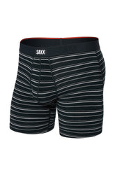 Sous-vêtement ajusté noir rayé, vue avant isolée avec étiquette SAXX à la taille et gousset moulé pour homme