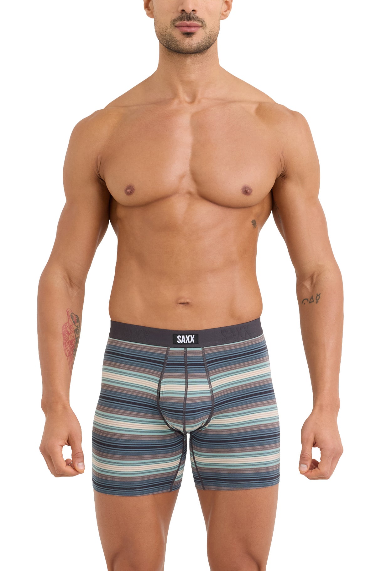 Sous-vêtement ajusté rayé sarcelle avec ceinture noire SAXX et coutures devant pour homme, vue avant