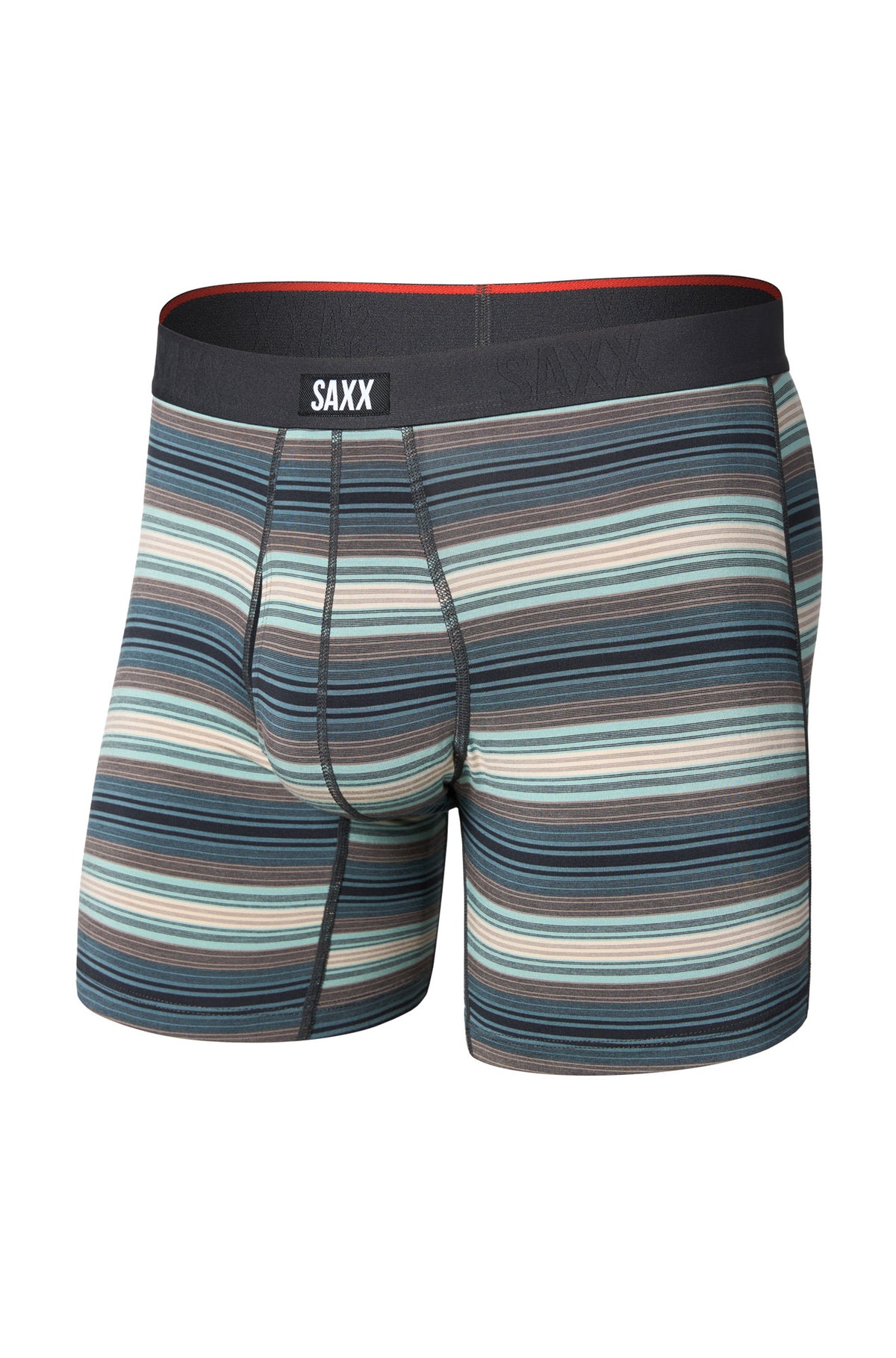 Sous-vêtement ajusté rayé sarcelle avec ceinture noire à logo et poche pour homme par Saxx, vue avant isolée