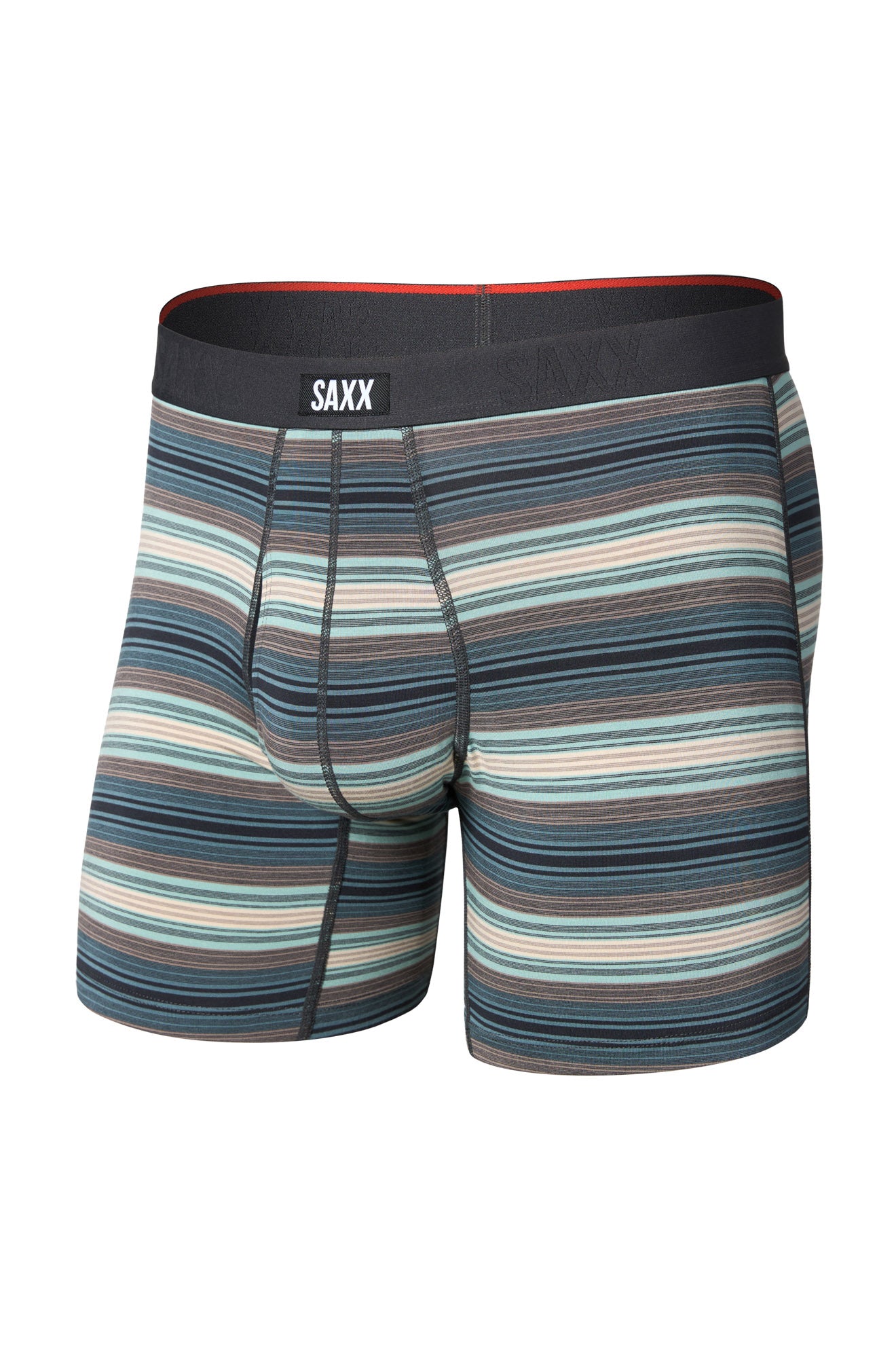Sous-vêtement ajusté rayé sarcelle avec ceinture noire à logo et poche pour homme par Saxx, vue avant isolée