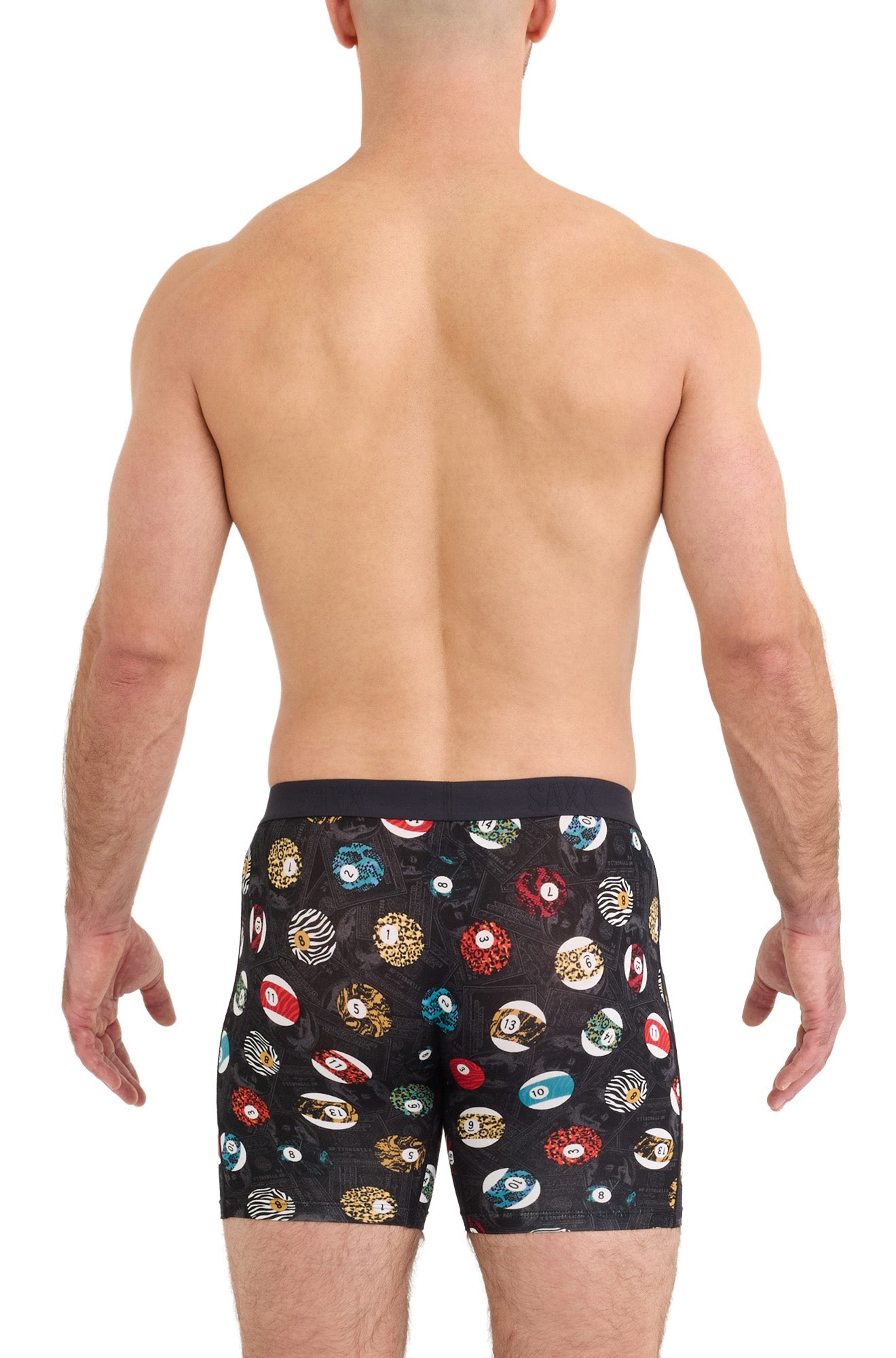 Saxx men's black boxer briefs with wide waistband and colorful numbered ball print, back model view