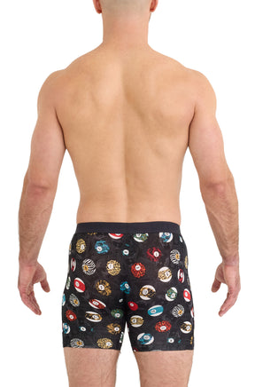 Saxx men's black boxer briefs with wide waistband and colorful numbered ball print, back model view