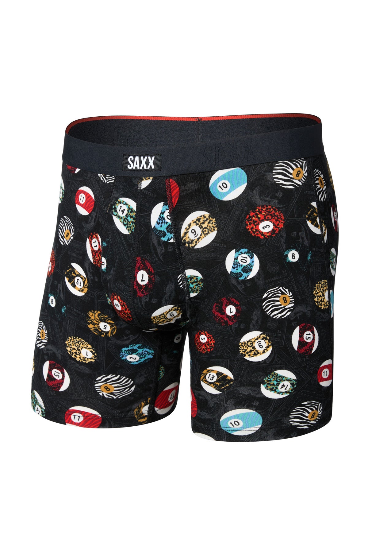 Sous-vêtement noir, vue avant du produit avec taille SAXX et imprimé de boules numérotées colorées pour homme