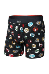 Men's black boxer briefs, front product view with SAXX waistband and colorful numbered ball print