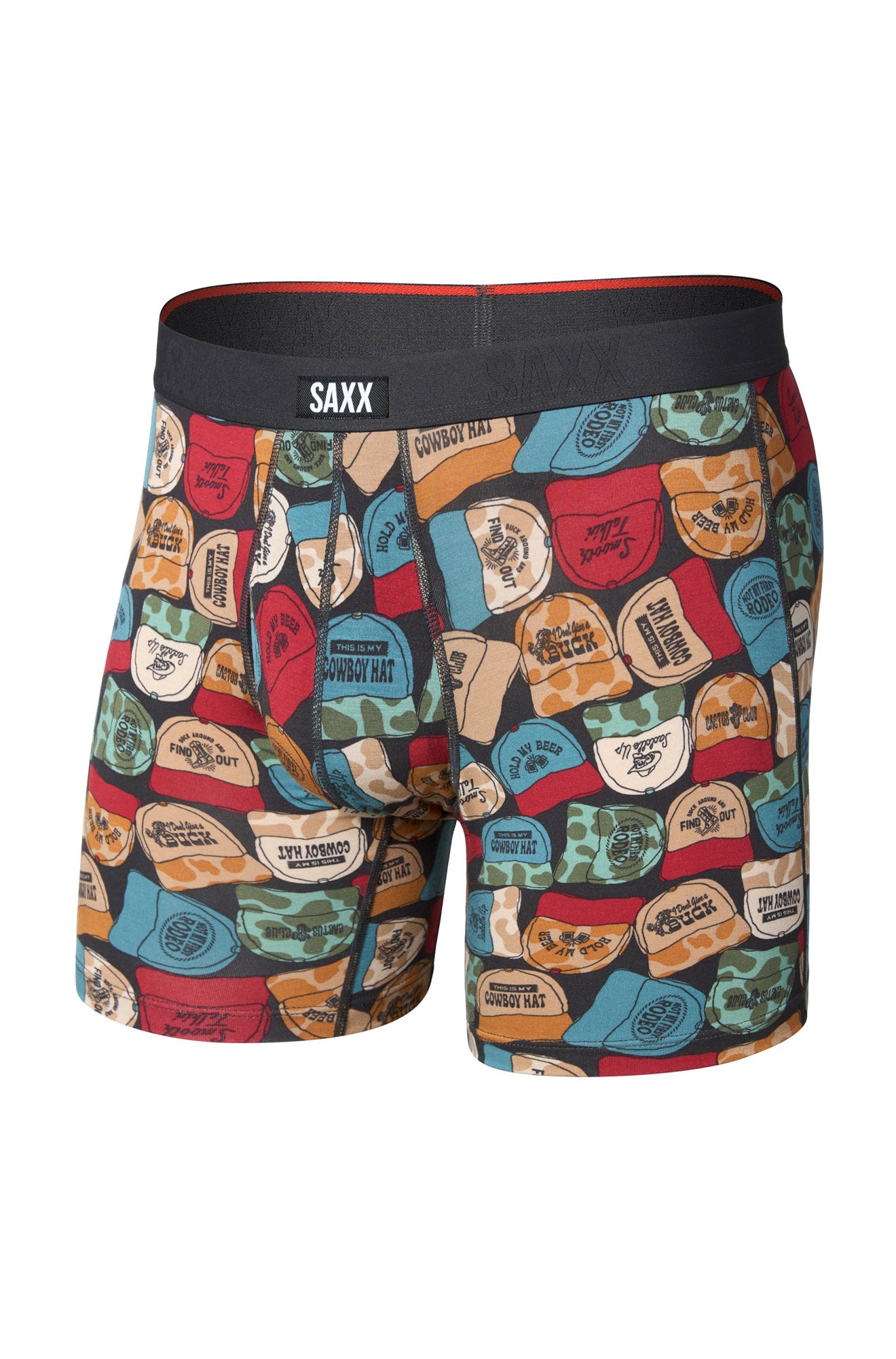 Sous-vêtement imprimé avec taille noire et casquettes multicolores pour homme par Saxx, vue avant isolée