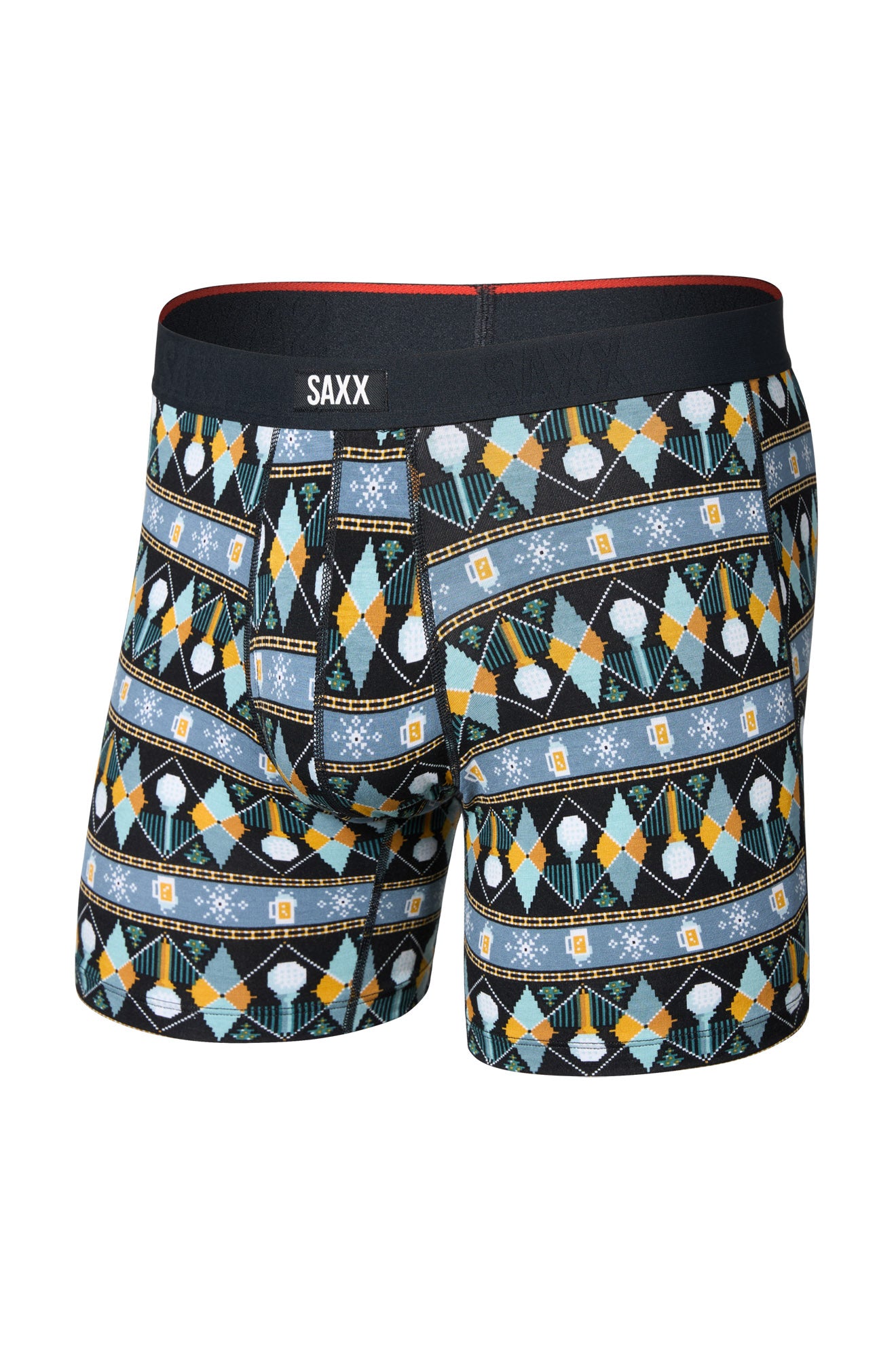 Vue produit de face d’un sous-vêtement d'hiver noir à motifs avec taille SAXX et poche contour pour homme