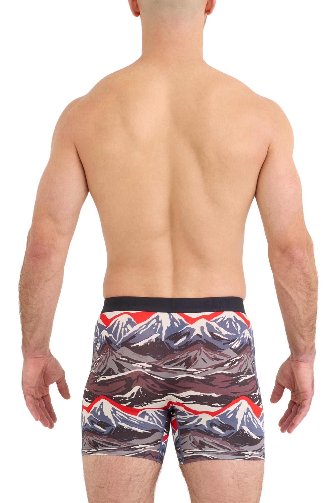 Sous-vêtement imprimé montagnes avec ceinture noire et jambes mi-cuisse pour homme par Saxx, vue de dos sur mannequin