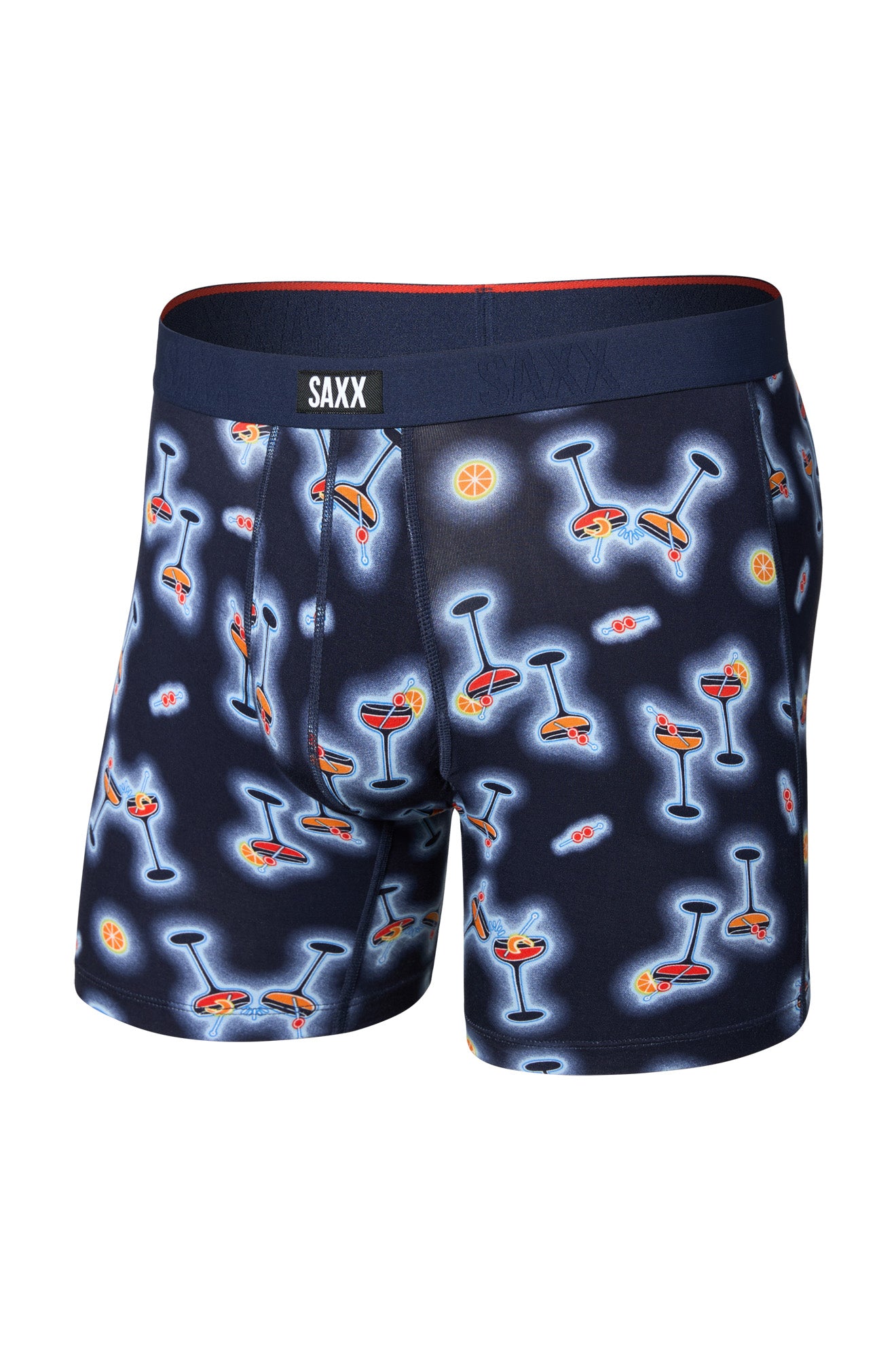 Sous-vêtement ajusté bleu marine à imprimé cocktails, vue de face avec taille élastique SAXX pour homme