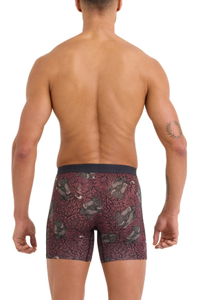 Vue arrière sur mannequin du sous-vêtement bourgogne imprimé avec taille noire et motif animal floral pour homme par Saxx