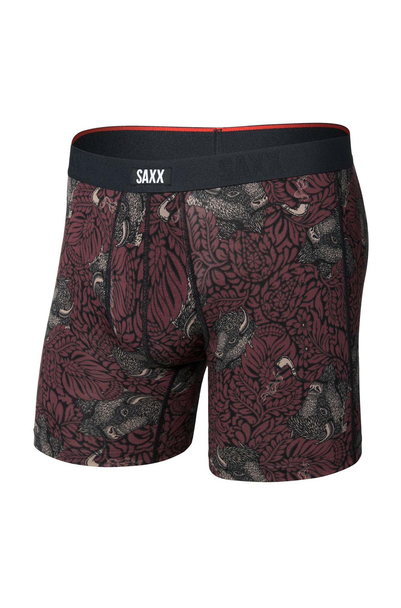 Vue produit avant d’un sous-vêtement bourgogne imprimé, taille noire SAXX et motif animal floral pour homme