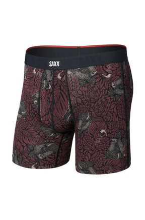 Vue produit avant d’un sous-vêtement bourgogne imprimé, taille noire SAXX et motif animal floral pour homme
