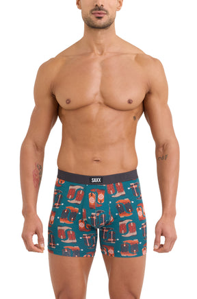 Sous-vêtement ajusté sarcelle à imprimé de bottes western, taille noire avec logo SAXX, vue de face pour homme