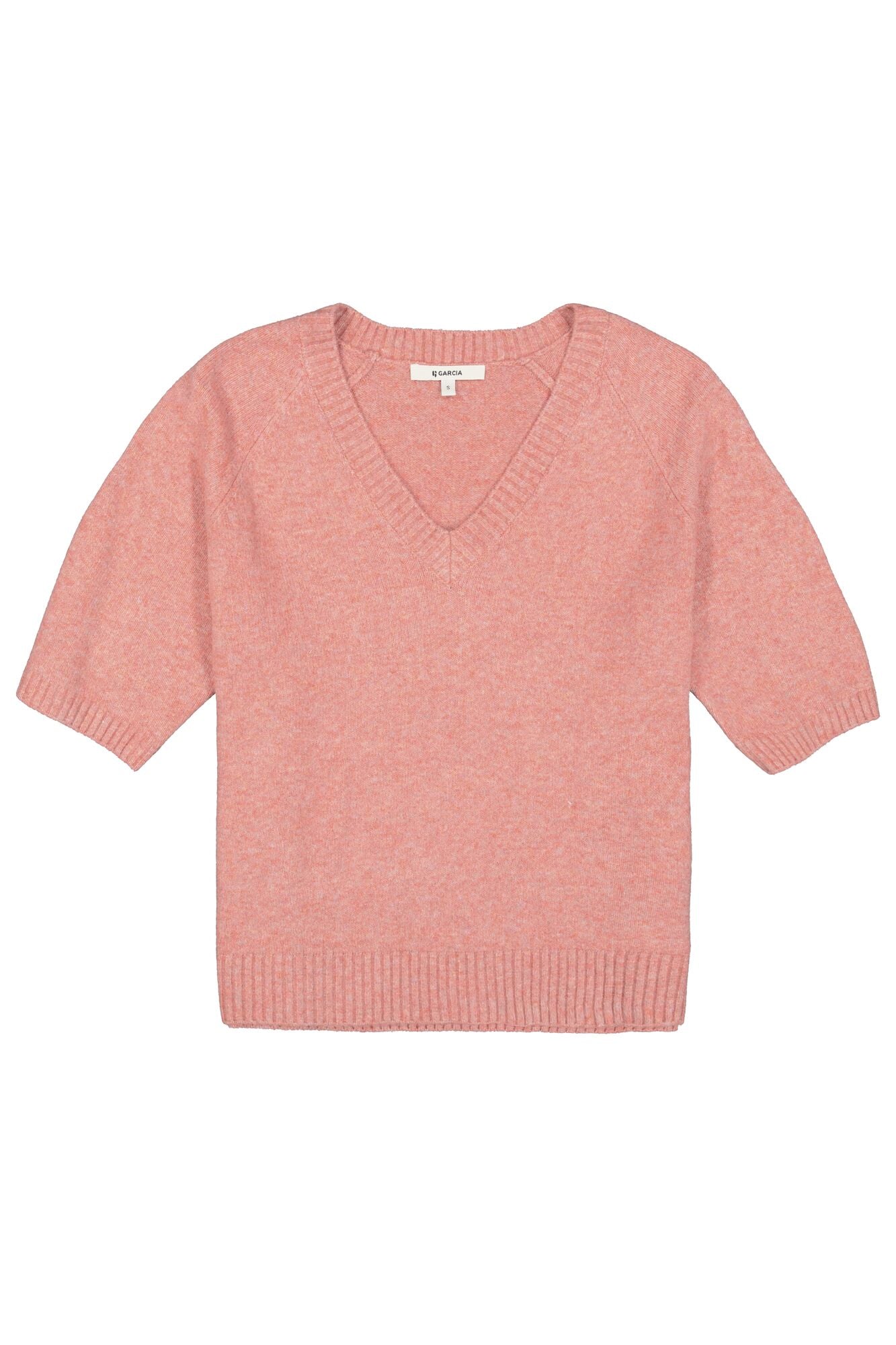 Vue isolée avant du T-Shirt en tricot rose chiné avec poignets et ourlet côtelés pour femme par Garcia