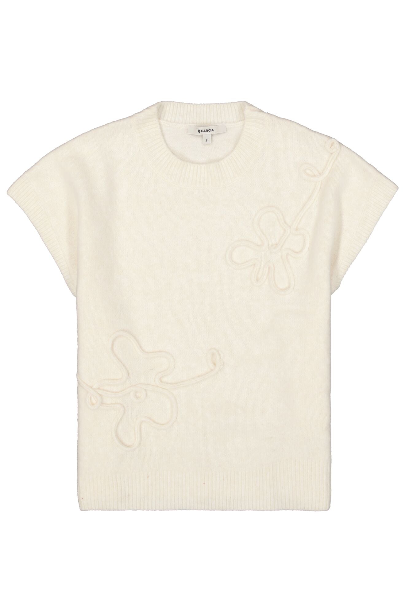 T-Shirt tricot crème à manches courtes avec appliqué floral pour femme par Garcia, vue isolée de face