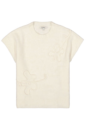 T-Shirt tricot crème à manches courtes avec appliqué floral pour femme par Garcia, vue isolée de face