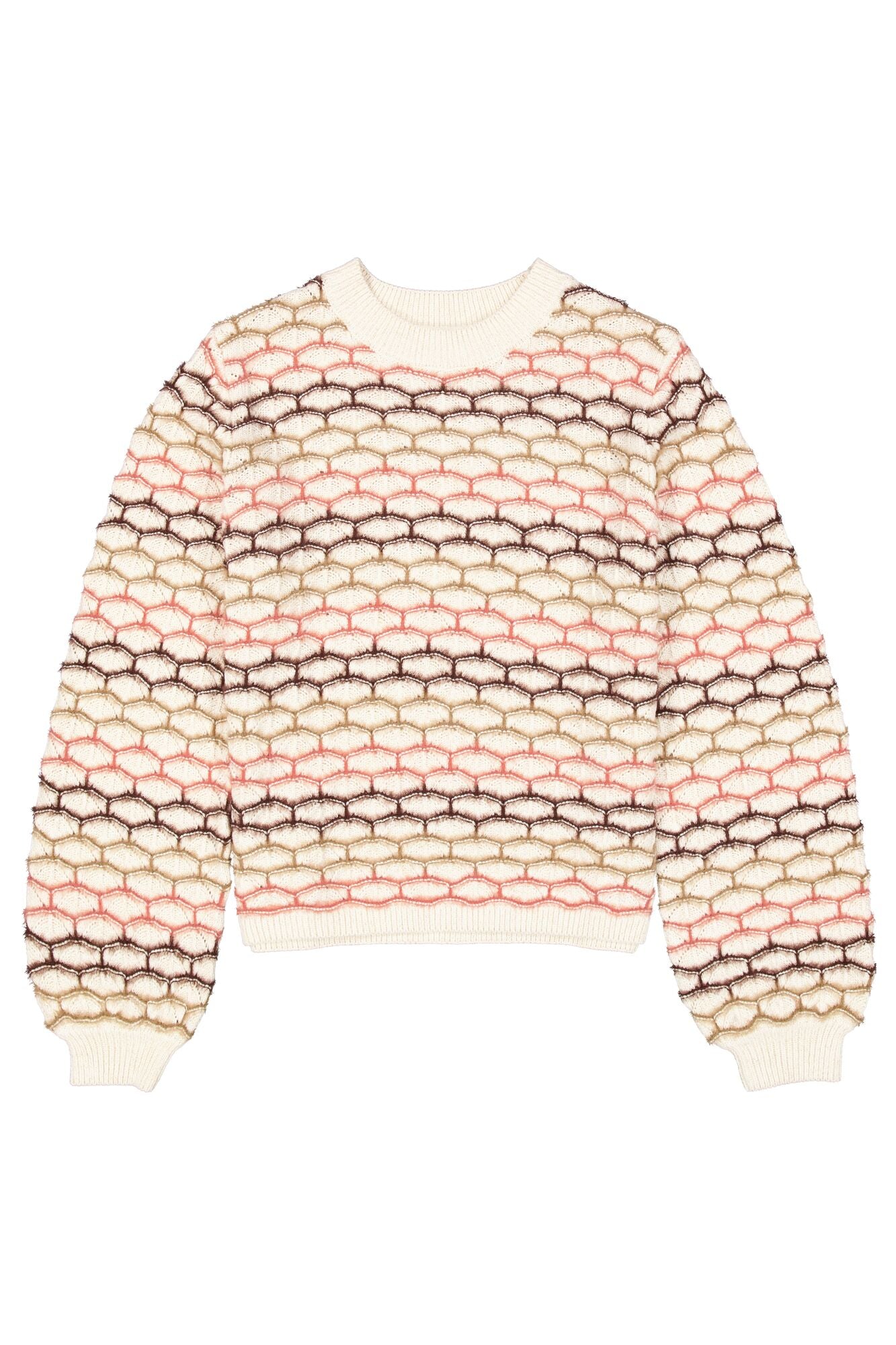 Chandail tricot à manches longues crème avec texture rayée rose et beige pour femme par Garcia, vue avant isolée
