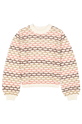 Chandail tricot à manches longues crème avec texture rayée rose et beige pour femme par Garcia, vue avant isolée