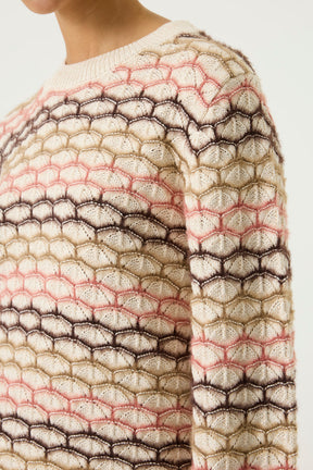 Détail du chandail tricot à manches longues crème texturé avec rayures rose et beige pour femme par Garcia