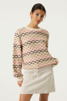 Vue avant du chandail tricot à manches longues crème texturé à rayures avec poignets et ourlet côtelés pour femme par Garcia