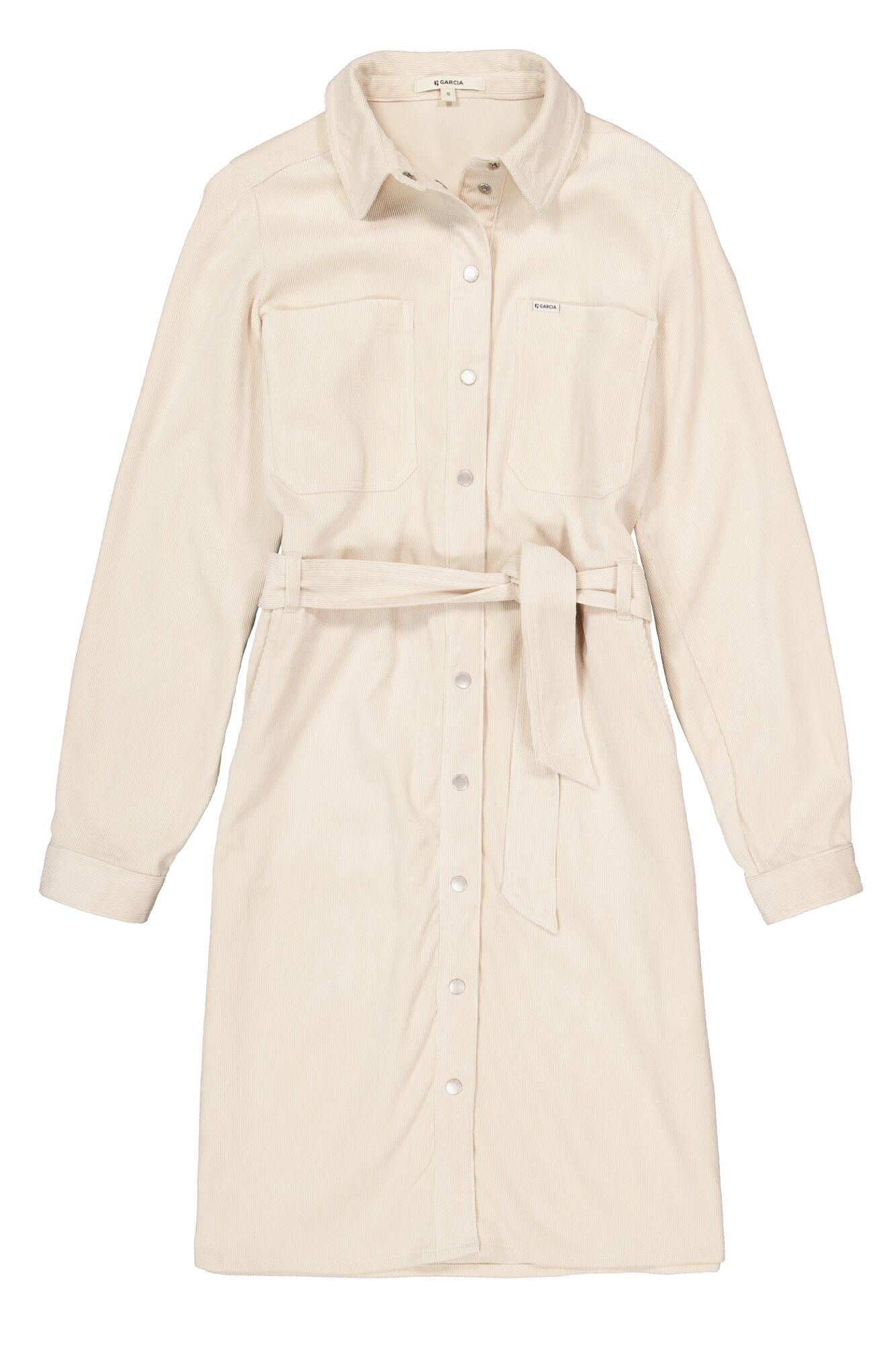 Robe manches longues côtelée crème avec ceinture et poches poitrine pour femme par Garcia, vue isolée de face