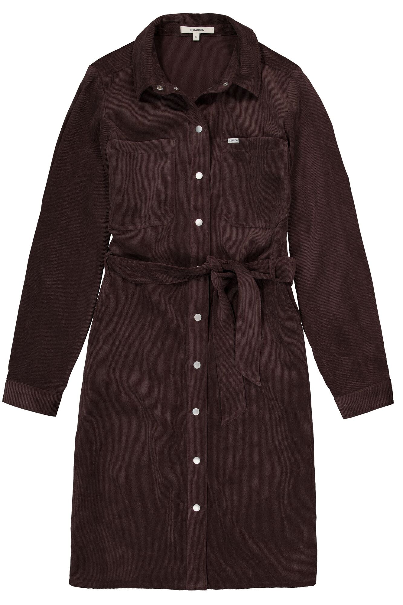 Robe manches longues brune foncé avec boutons-pression, poches et ceinture pour femme par Garcia, vue isolée de face