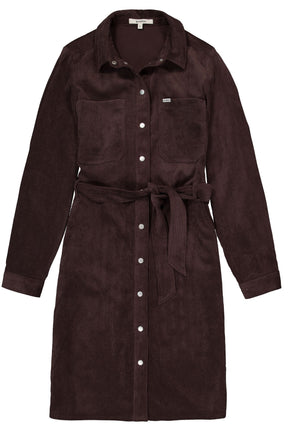 Robe manches longues brune foncé avec boutons-pression, poches et ceinture pour femme par Garcia, vue isolée de face