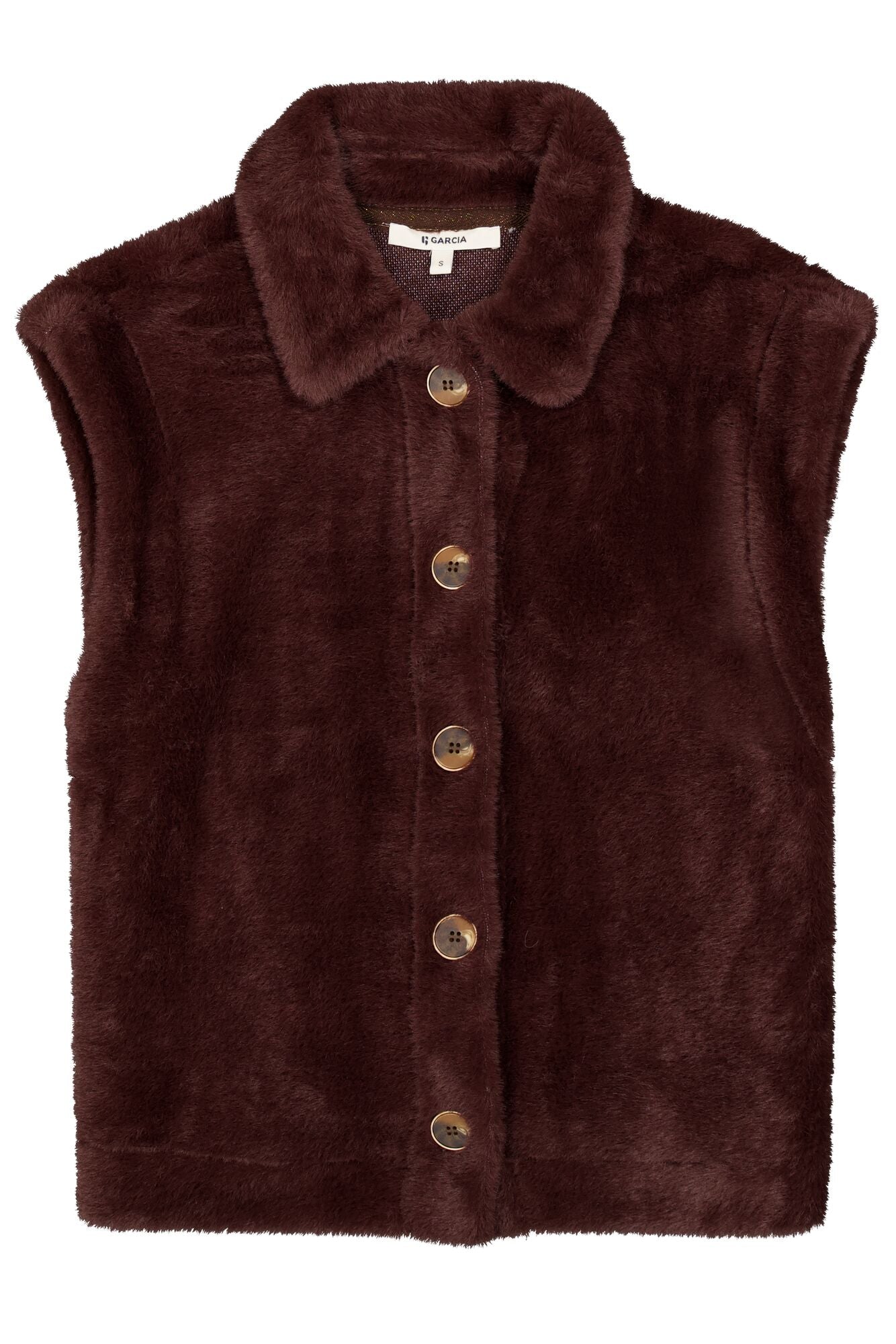 Veste sans manches brun foncé en fausse fourrure avec col et boutons pour femme par Garcia, vue avant isolée