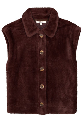 Veste sans manches brun foncé en fausse fourrure avec col et boutons pour femme par Garcia, vue avant isolée