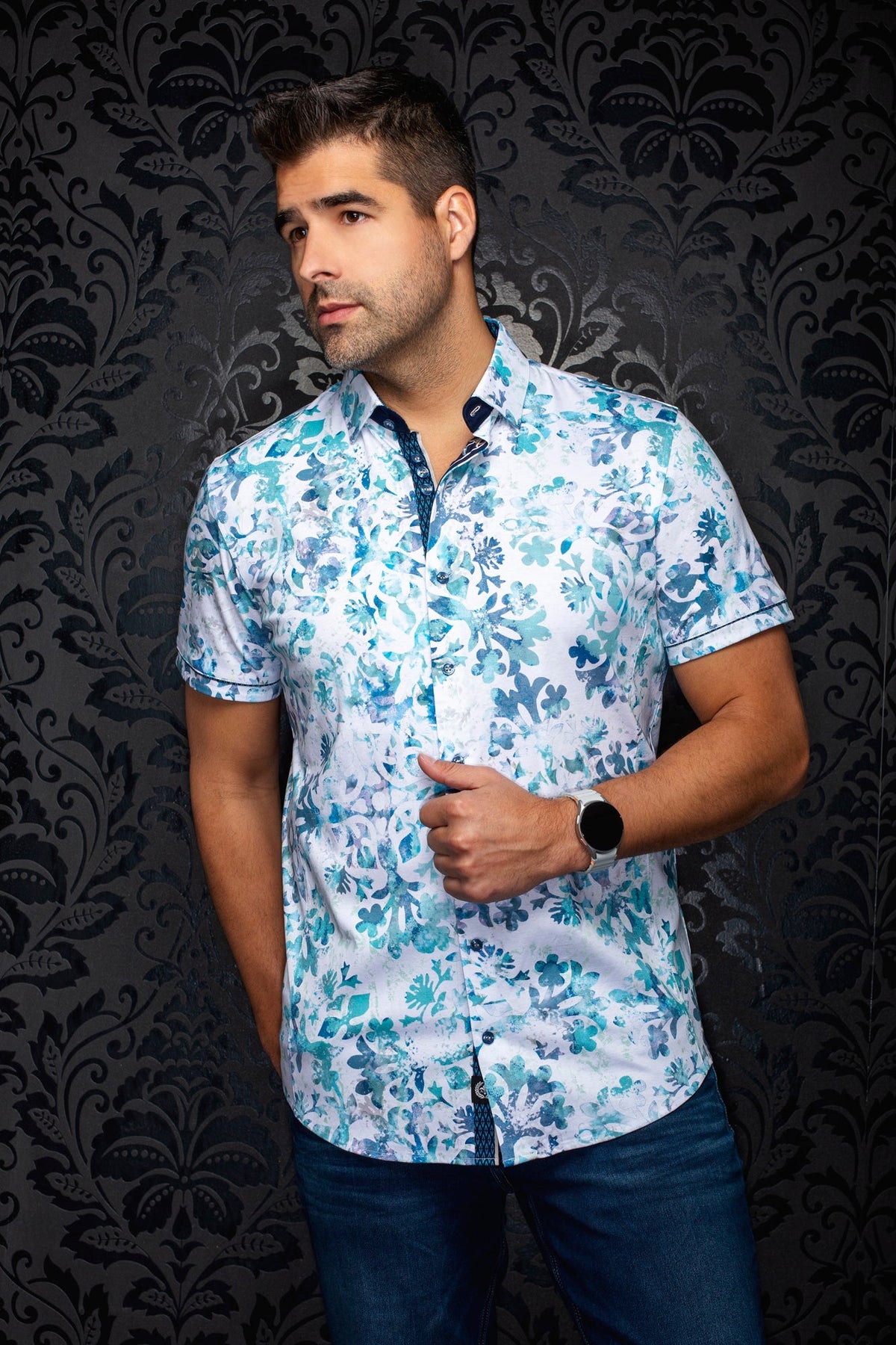 Chemise manches courtes en Knit extensible pour homme par Au Noir | TAVIRA (SS) Turquoise | Boutique Vvög, inventaire complet de la marque Au Noir