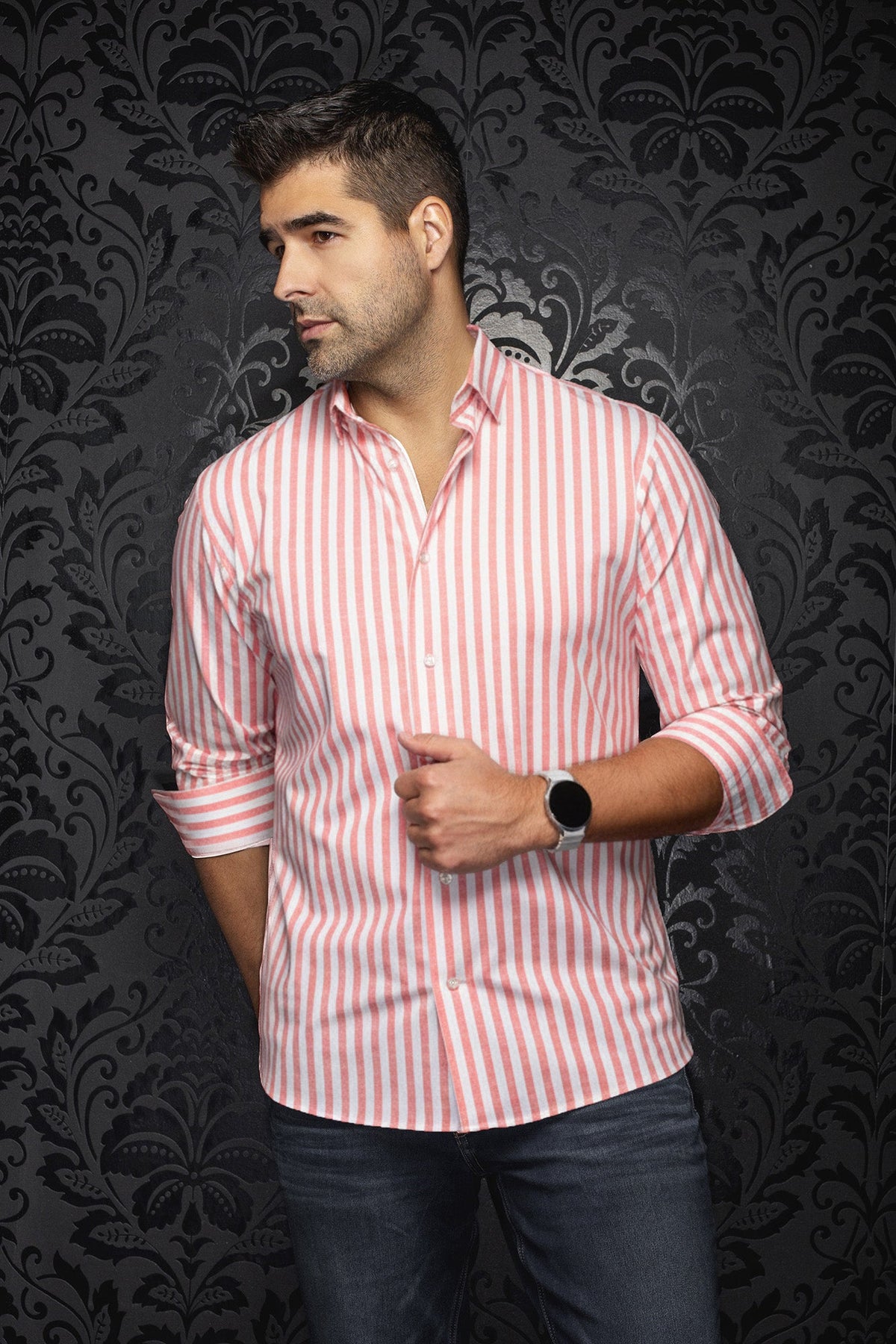 Chemise manches longues en Knit extensible pour homme par Au Noir | TELLY Corail | Boutique Vvög, inventaire complet de la marque Au Noir