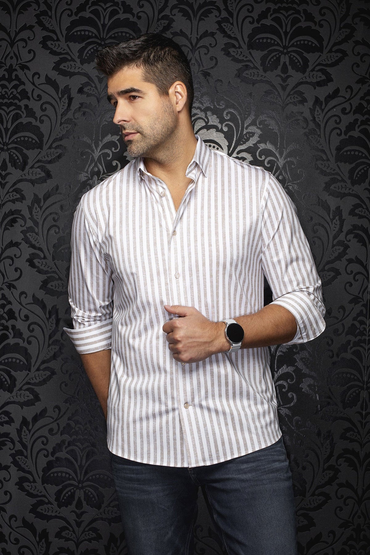 Chemise manches longues en Knit extensible pour homme par Au Noir | TELLY Sable | Boutique Vvög, inventaire complet de la marque Au Noir